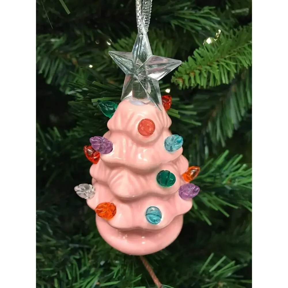Pink Christmas Tree LED Light Up Ornament‎ -Clear Star Topper Nostalgic